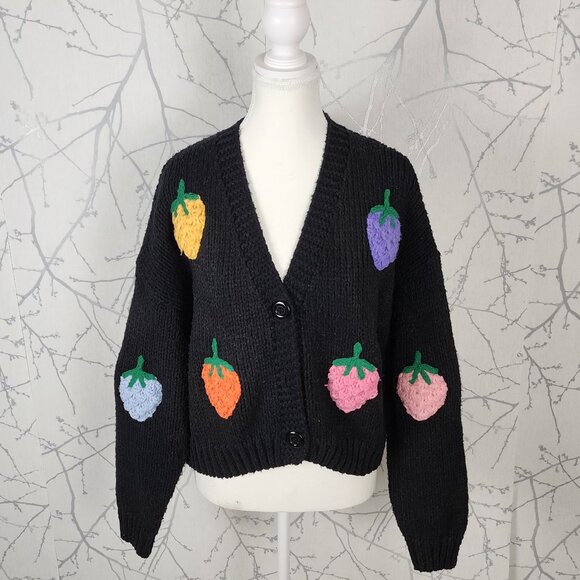 Dreamers Black Knit 3D Colorful Strawberries Boxy Fit Cardigan - Picture 1 of 6